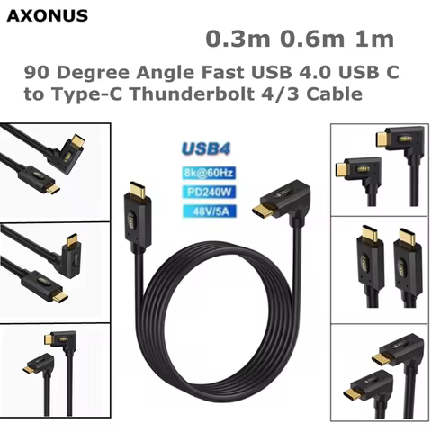 0.3m 1m 90 Degree Angle Fast USB 4.0 USB C to Type-C Thunderbolt 4/3 Cable, Support 240W 5A 40V 8K/6