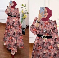 Maxi Dress Muslim Gamis Wanita Muslimah Motif Bunga Outfit Free Belt
