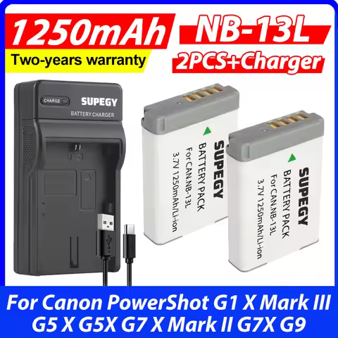 2Pcs 1250mAh NB-13L NB13L NB 13L Camera batteries + Charger Kits for Canon PowerShot G1 X Mark III G