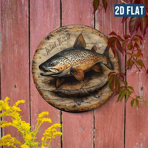 2D flat 1pc old-fashioned fishing wooden wall decoration - brown trout art - suitable for country co