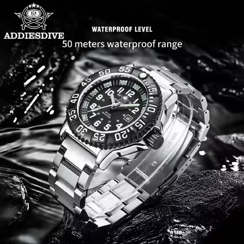 ADDIESDIVE Fashion Tubular Luminous Quartz Watch Stainless Steel Alloy Case 50m Waterproof Men's Wri