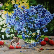 Original Oil Painting Blue Cornflower Bouquet, Wild Flowers and Mouse Still Life