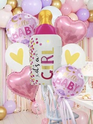 7入組粉紅色IT\ A GIRL波點寶寶奶瓶鋁薄膜氣球套裝