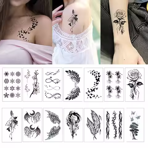 Small Temporary Tattoo Waterproof Black Rose Butterfly Arrow Flower Wings Maori Snake Women Art Wris
