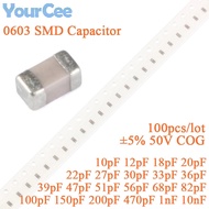100pcs 0603 SMD Capacitor ±5% 50V COG 10 12 18 20 22 27 30 33 36 39pF 47pF 51pF 56pF 68pF 82pF 100pF