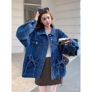 High Texture🎀 Korean Style Bow Tie Denim Lapel Jacket Women Spring Autumn 2026 New Style Design Supe