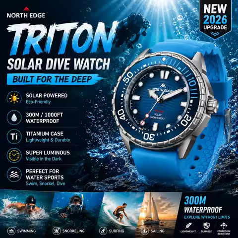 NORTH EDGE TRITON Titanium Stainless Solar-Powered Diving Watch Luxury Quartz Watches For Men 300M W