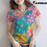 เสื้อยืด 2568 เสื้อลายดอกสงกรานต์ เสื้อผ้าผู้หญิง เสื้อคอวีผู้หญิง เสื้อลายดอก เสื้อเชิ้ตแขนสั้นกลาง