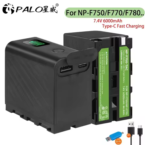 6000mAh NP-F750 NP-F770 Battery NP F750 NP-F550 LED Power Indicator Battery + Type-C Port for Sony N