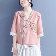 Cny2024 Chinese Dragon Year Embroidery Cheongsam Blouse Loose Long Sleeve Lady Shirt Plus Size Blous