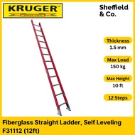 Kruger Fiberglass Straight Ladder, Self Leveling, F31112 (12 ft)