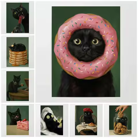 Interesting And Cute Black Cat With Desserts Food Beverages Alcoholic Beverages Art Posters Canvas P