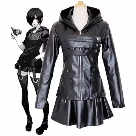 Anime Tokyo Ghoul Touka Kirishima Cosplay Costume Full Set Uniform PU Leather Black Dress Hoodie Wom