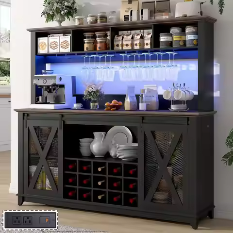63"Wide 58"H Farmhouse Coffee Bar Cabinet with Power Outlet and LED Light,Wine Bar Cabinet w/ 4 Stor