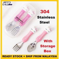 🌸Cute Pink Kitty Kids 304 Stainless Steel Fork &amp; Spoon Set with storage box Cartoon Gift Garpu Sudu utk Budak 小孩汤匙叉