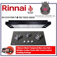 Rinnai RB-7303S-GBSM + RH-S329-PBR 3 Burner Glass Hob + Slimline Hood Cooking Package