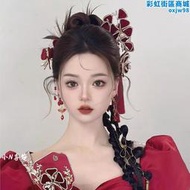 新中式新娘頭飾秀禾服髮飾龍鳳掛國風造型紅色絨花流蘇氣質髮簪女