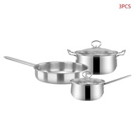 【Factory-direct】 3pcs/set Stainless Steel Cookware Set Flat Bottom Frying Pan Soup Pot Milk Pot Kit