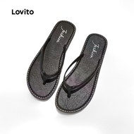 Lovito Vintage Plain Comfortable Flat Bottom Flip Flops Korean Version Minimalist Flat Sandal for Wo