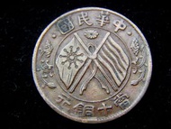 銅幣-Chinese Republic Hu-Nan-1920年中華民國(九年)湖南省國旗陸軍旗交錯嘉禾扁菊當十銅元(兩釘版)