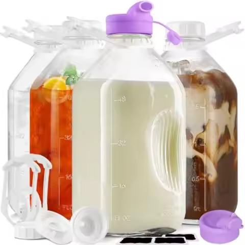 4 Pack 64 Oz Heavy Duty Glass Milk Bottle with 1 Silicone Spout and 5 Reusable Airtight SCREW LID 2 