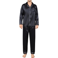2Pcs/Set Silk Satin Men Pajama Set Button Down Long Sleeve Pajama Top with Notch Collar Front Button
