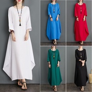 Plus Size Dresses Baju Kelawar Solid Color Loose Cotton Linen Kaftan Viral Dubai Lengan Panjang Long