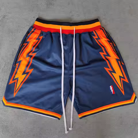 Trillest Navy Golden State Flash Printed Basketball Shorts with Zipper Pockets Curry Street Style Sp