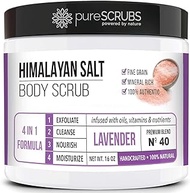 pureSCRUBS Premium Pink Himalayan Salt Body Scrub Set - Large 16oz LAVENDER SCRUB, Organic Essential Oils &amp; Nutrients INCLUDES Wooden Stirring Spoon, Loofah &amp; Mini Exfoliating Bar Soap