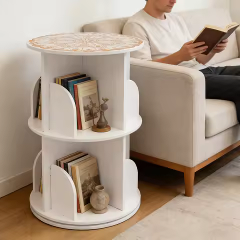 40×40×59.5cm 2-Tier Rotating Bookshelf, 110lbs Capacity, PVC & Galvanized Steel, White, 8 Compartmen