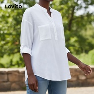 Lovito Women's Plus Size Curve Casual Plain Jacquard Button Down Blouse LBL16672