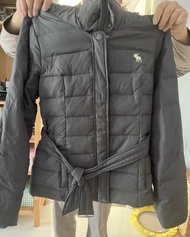 (sold)A&F灰藍色logo女裝顯瘦短款羽絨外套連腰帶大衣大褸棉服Abercrombie & Fitch grey gray hooded Down Puffer Coat Jacket with