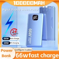 66W 100000mAh PD Quick Fast Charge Inbuilt 3 Cable Power Bank Light Weight Portable Charger Powerban