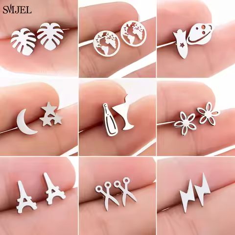 Multiple Black Stainless Steel Stud Earrings for Women Men Fashion Spacecraft Scissors Eiffel Star M