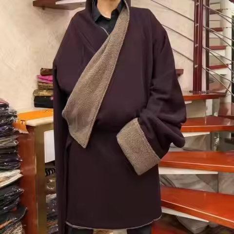 Men's Winer Thicken Velvet Tibetan Tops Traditional Zang Slanted Clothing Classic Simple Stage Dance