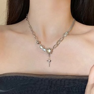 925 Sliver Plated Punk Rhinestone Moonstone Cross Chain Necklace Women Jewelry