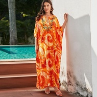 Sun-Kissed Orange Tie Dye Spiral Pattern Maxi Dress Effortless Chic Kaftan Loose Fit Vivid Color Floral Embroidery V-neck Caftan Baju Kelawar