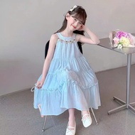 Girl's 4-layer dress with collar decorated with stone trim, wrinkled summer silk material for girls 