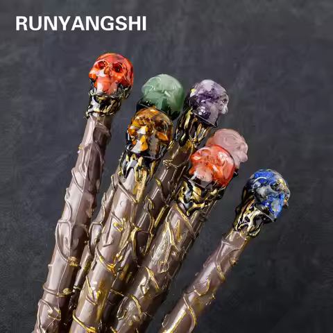 1PC Natural Stones Magic Scepter Skull Lucky Divination Gem Scepter Fairy Magic Stick Decorative Wan