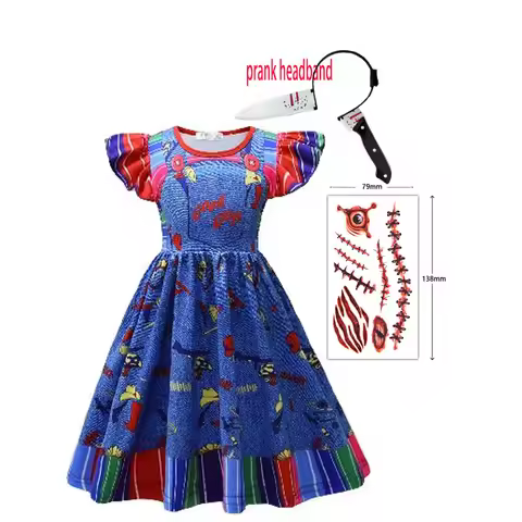 Halloween Girls Costume Chucky ChildPlay Blue Cartoon Dress with prank headband for Girl Chucky Cosp