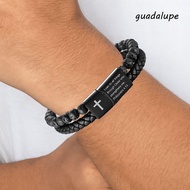 GUADALUPE Lava Rock Bead Bracelet, Leather Black Double-Row Braided Bracelet, Charm Bible Verse Magn