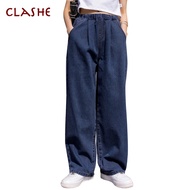CLASHE Baffel Jeans Elastic Waistband Casual Vintage Loose Panjang Wanita Baggy Jeans Denim