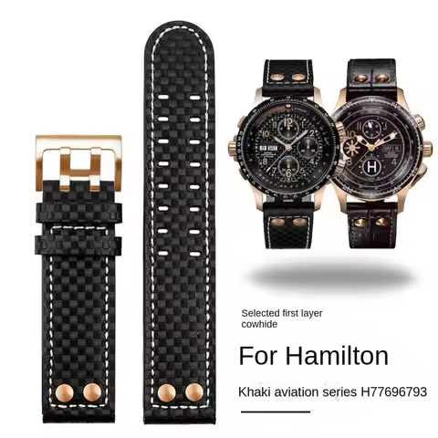 For Hamilton Khaki Aviation Series H77696793 77616533 Carbon Fiber Leather Watch Strap with Rose Gol