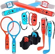 SIKEMAY Nintendo Switch Accessories Bundle, 18 IN 1 Kit for Switch Sports Games, Tennis Rackets, Golf Clubs for Mario Golf Super Rush, Soccer Leg Straps, Sword Grips for Chambara Game, Wrist Bands
