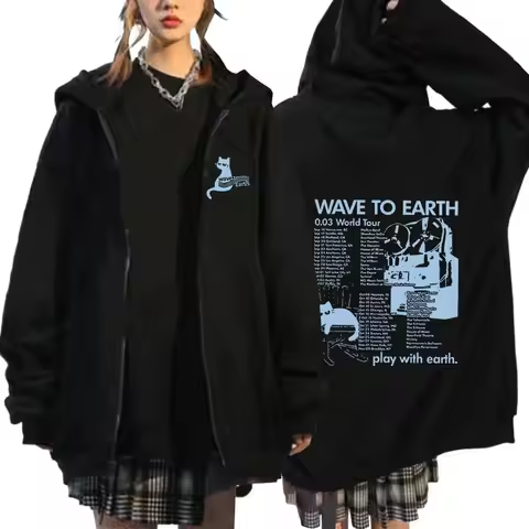 Kpop Band Wave To Earth Cat 0.03 World Tour Zipper Hoodie Men Women Retro Harajuku Fashion Pullover 