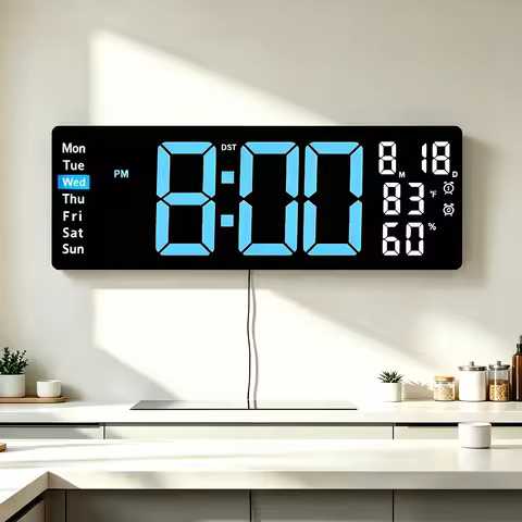 LED Digital Alarm Clock with Bottom Glow Light, Displays Time, Date, Day, Temperature, Dual Alarms, 