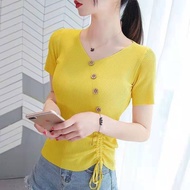 Ice Silk V-neck Knitted Blouse Women's Summer Korean Style Lace-up Short-sleeved T-shirt Bottoming Shirt