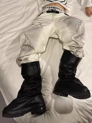 Retro Faded 424 Pleated Fashion Boots Punk Motorcycle Boots Men's Dark Mid-Calf Knight Boots Loose L