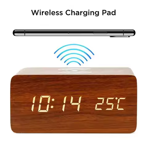 Wooden Digital Alarm Clock with Wireless Charging, LED Clock with Time, Date,Temperature, Desk Clock