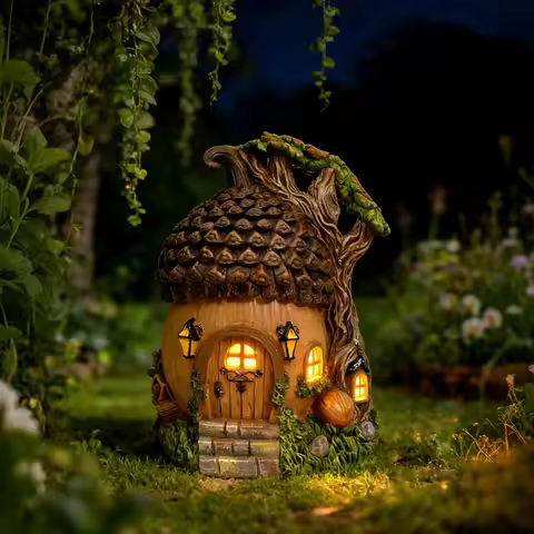 Solar Fairy Garden House with LED Lights Resin Acorn Gnomes Cottage Statue Outdoor Waterproof Lawn Y